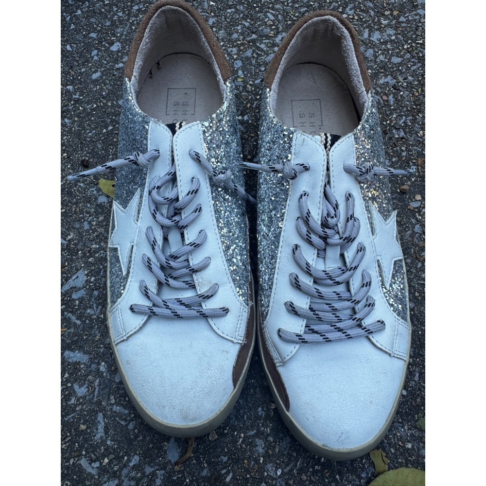 Shu Shop Paula Silver Glitter Star Sneakers White Brown Distressed Womens 7.5 38